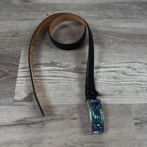 Qualheim Bollerini Black Leather Belt Blue Art Glass Buckle Italy Vintage Y2K